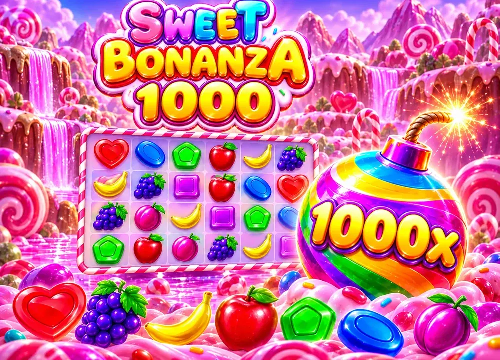 Sweet Bonanza 1000 için renkli şekerler ve büyük çarpan