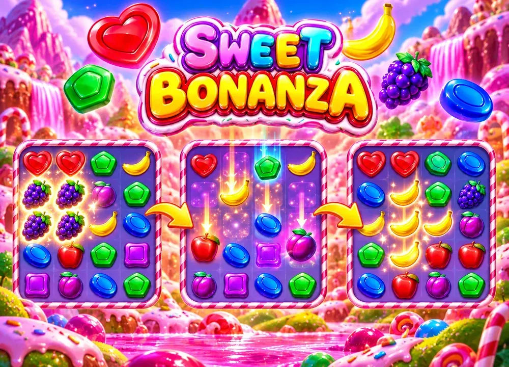 Kazanan sembollerin patlayıp yerlerine yenilerinin düştüğü üç aşamalı oyun ekranı